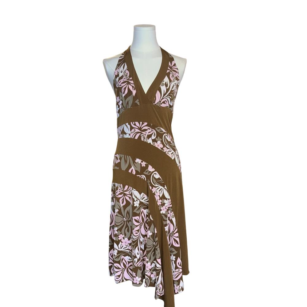 Vtg Y2K Floral Print Halter Asymmetrical Hem Casual Sun Dress Fairycore S/M